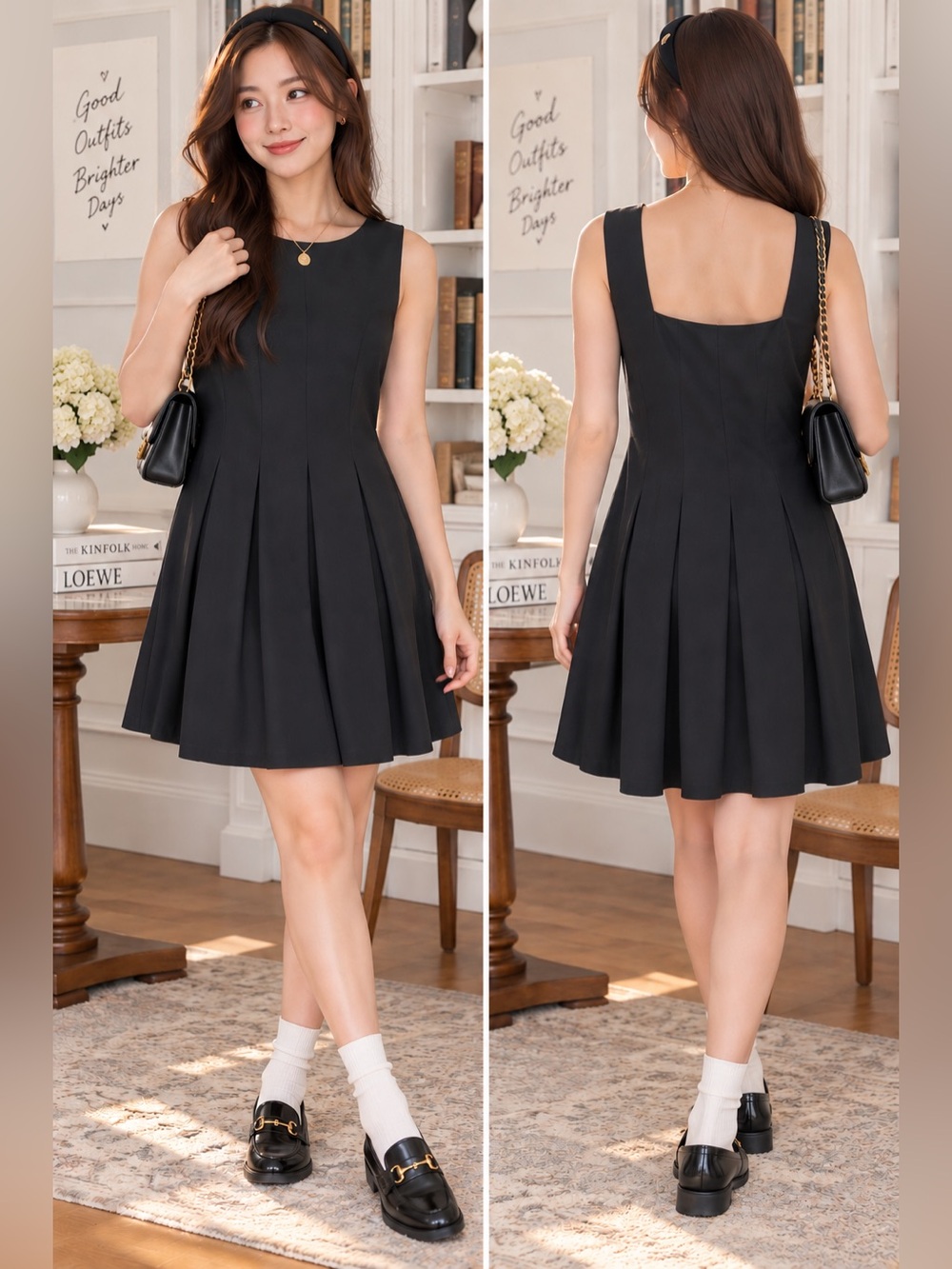 COS Black Pleated Fit & Flare Dress M